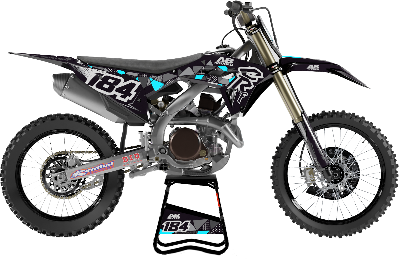Moto de motocross personalizada con vinilos adhesivos de Abused Graphics, diseñada para destacar en cada carrera